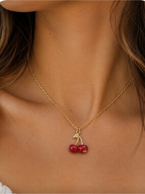 NWT Coach Cherry Pendant Necklace Gold Tone Red Cherry Charm 16"+2" Extender